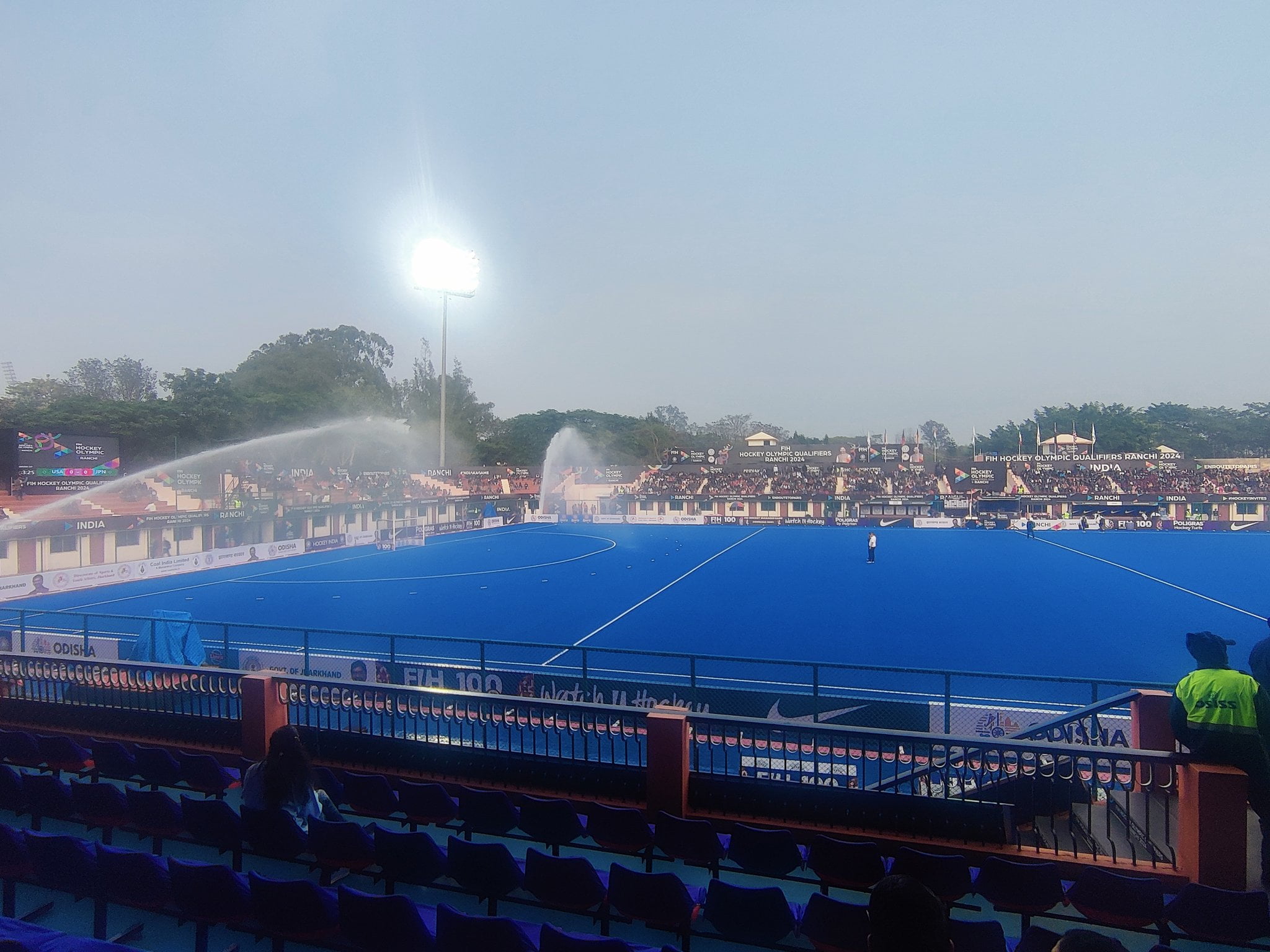 There is finally some visibility in Ranchi. The flood lights are still on, though, as the USA takes on Japan in the opening Olympic hockey semifinal.